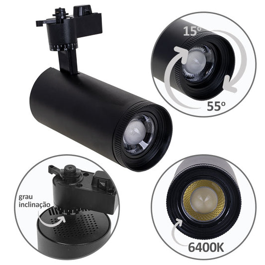 Foco para Carriles ARGOS 30W LED 6400K Negro LUMIT Interlusa - Vista frontal principal en fondo blanco | LuzGurú