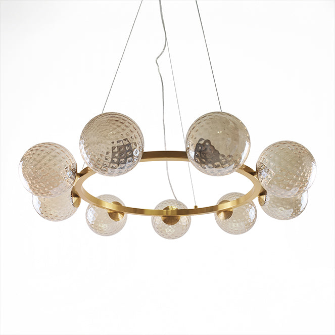 Lámpara ANDREZA fabricada en Metal color Bronce con esferas de Vidrio Ámbar