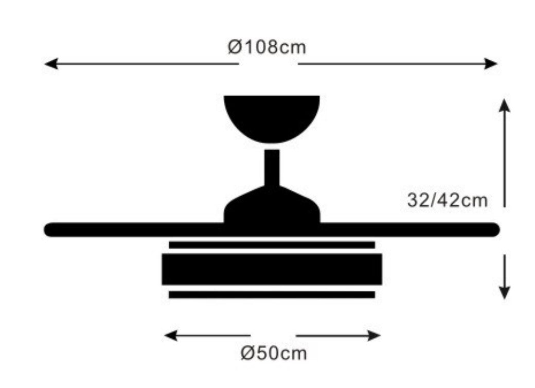 Medidas Ventilador de techo Ambra-L de PB Lighting (Ø108cm) Blanco, con luz LED CCT 8000lm, app Fan Lamp Pro y mando - Ref PB80611.

