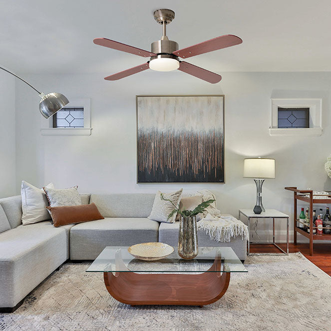 Detalles del Ventilador de Techo LED Shakespear Kenia B 2556 AB de Interlusa.  Aspas reversibles cuero/cerezo+nogal, 107cm, 18W LED, 3000-4000-6500K, mando a distancia, modo verano/invierno. LuzGurú.
