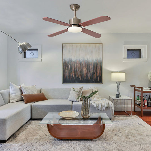 Detalles del Ventilador de Techo LED Shakespear Kenia B 2556 AB de Interlusa.  Aspas reversibles cuero/cerezo+nogal, 107cm, 18W LED, 3000-4000-6500K, mando a distancia, modo verano/invierno. LuzGurú.
