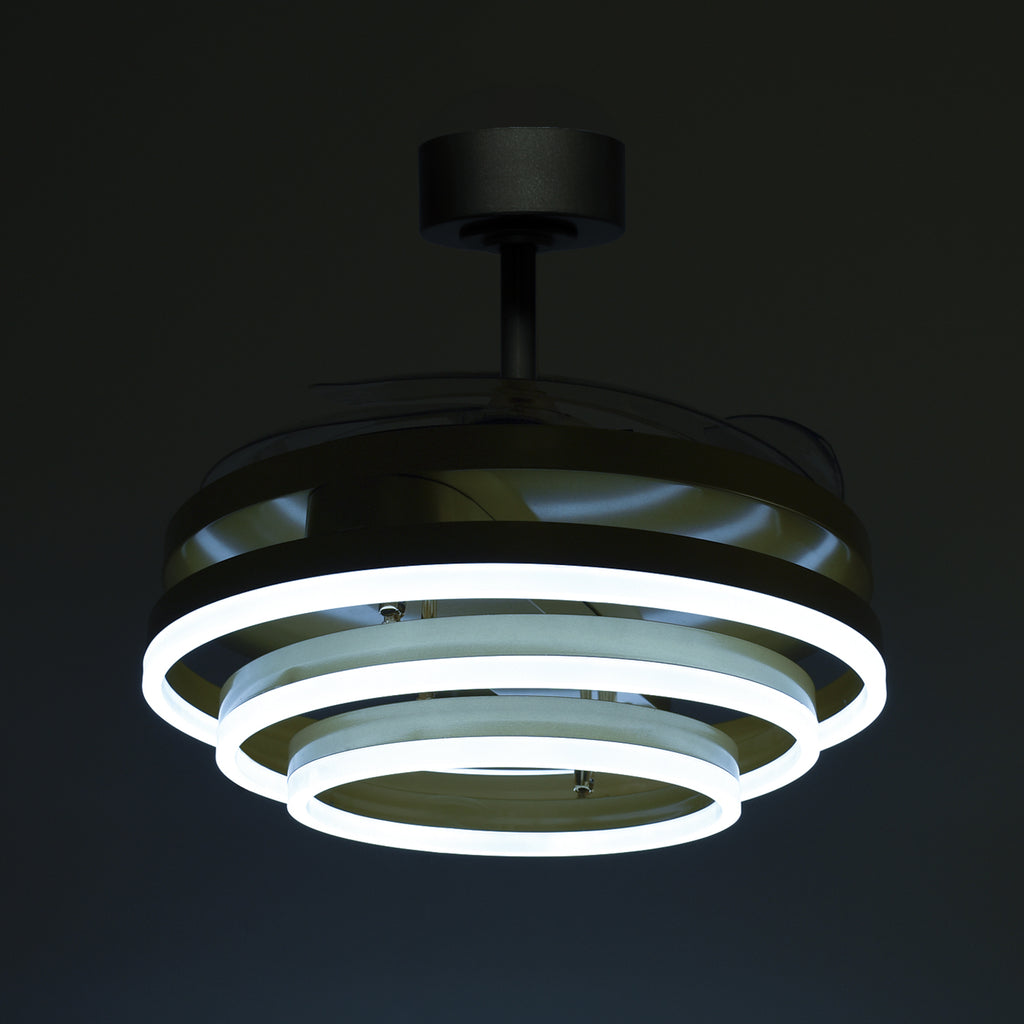 Detalles del Ventilador de Techo con Luz LED BELAIR SFERA B-28500GL Oro - Interlusa LUZGURÚ: 4 aspas retráctiles, 72W, 6480 lm, 108cm, 3 temperaturas de color (3000K-6000K), mando a distancia incluido.
