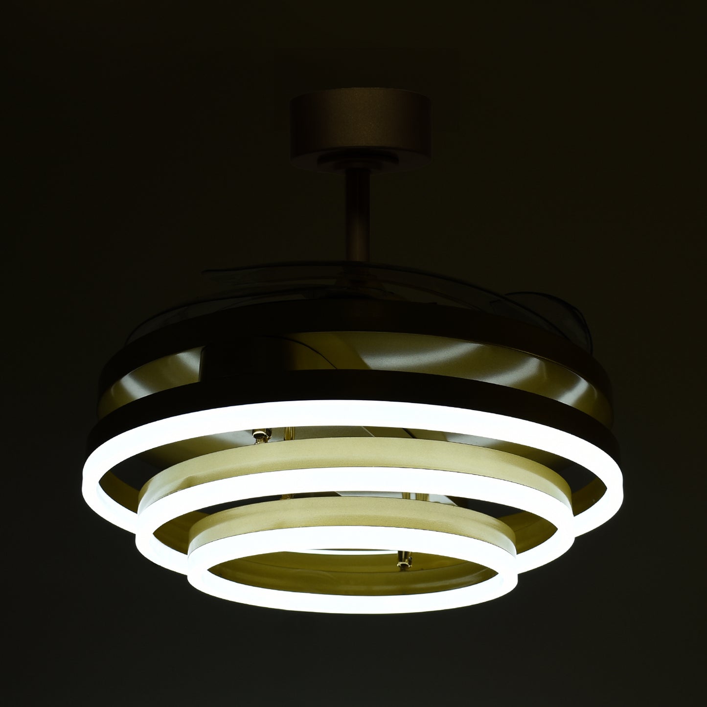 Detalles del Ventilador de Techo con Luz LED BELAIR SFERA B-28500GL Oro (Interlusa): 108cm, 72W, 6480lm, 4 Aspas Retráctiles, mando a distancia, 3000K/4000K/6000K.

