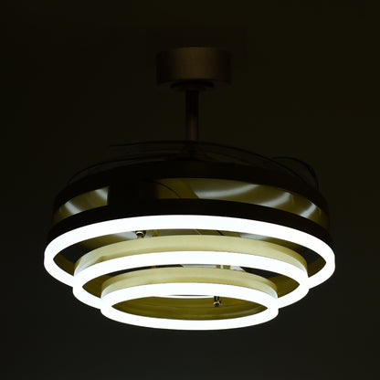Detalles del Ventilador de Techo con Luz LED BELAIR SFERA B-28500GL Oro (Interlusa): 108cm, 72W, 6480lm, 4 Aspas Retráctiles, mando a distancia, 3000K/4000K/6000K.
