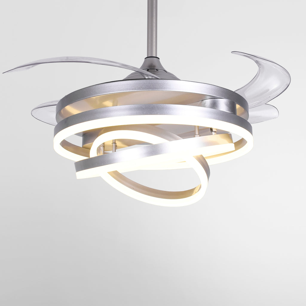 Detalles del Ventilador de Techo LED BELAIR SFERA B-28500SL de Interlusa:  Niquel, 108cm, 4 aspas retráctiles, 72W, 6480lm, 3000-4000-6000K, mando a distancia, modo verano/invierno.  Luzgurú.
