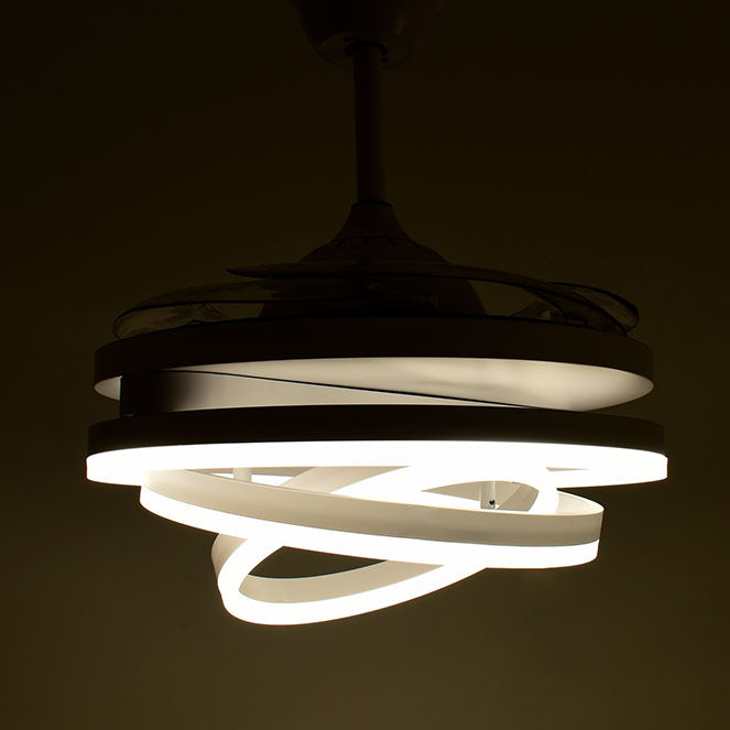 Detalles del Ventilador de Techo LED BELAIR SFERA B-28500WT (Blanco, 108cm, 6480lm) de LUZGURÚ:  Aspas retráctiles, motor DC silencioso, luz LED regulable (3000K-6000K), mando a distancia, modos verano/invierno y temporizador.
