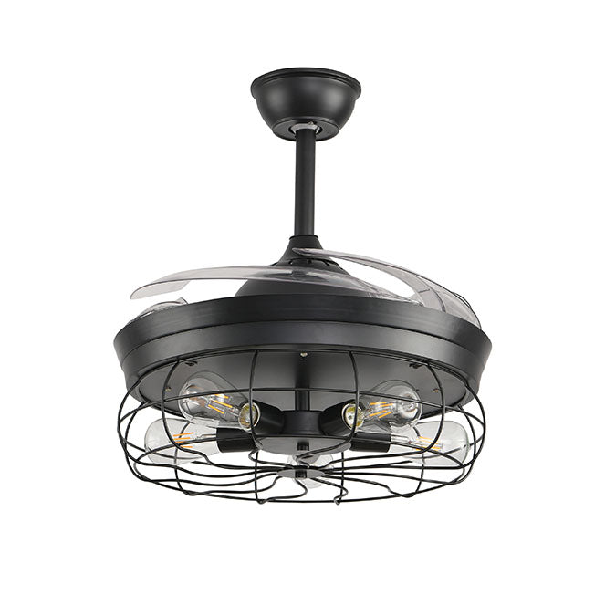 Detalles del Ventilador de Techo con Luz BELAIR ANTICUARIO Negro (Ref: F-1011) de Interlusa - LUZGURÚ: 4 aspas retráctiles, 5 bombillas LED 4W E27 2700K incluidas, mando a distancia, modos verano/invierno, temporizador, Ø107cm.
