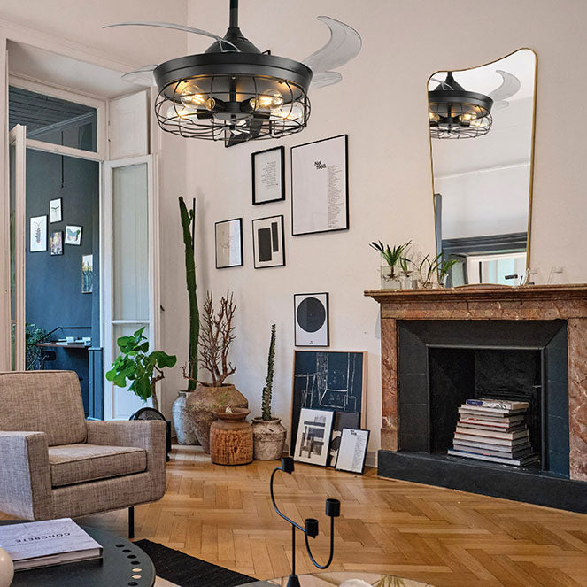 Detalles del Ventilador de Techo con Luz BELAIR ANTICUARIO Negro (Ref. F-1011) de Interlusa - 107cm, 4 Aspas Retráctiles, 5 Bombillas LED 4W incluidas, Mando a Distancia, Modos Verano/Invierno, Temporizador.  LUZGURÚ.
