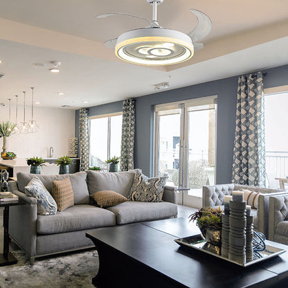 Detalles del Ventilador de Techo LED BELAIR DAFNE F-1015 de Interlusa:  Aspas retráctiles, luz 6480 lm (3000-6000K), Ø108cm, mando a distancia, motor DC silencioso.  Luzgurú.
