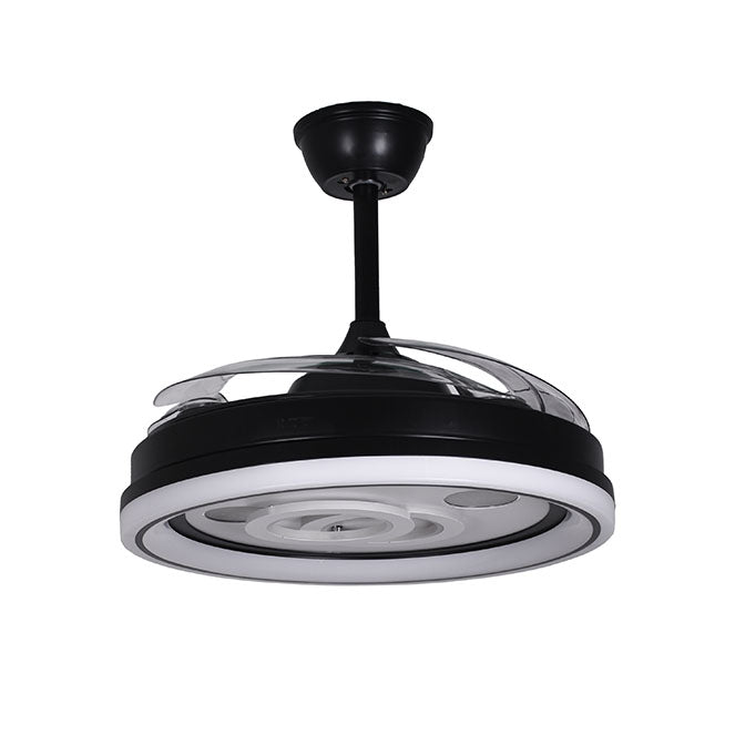 Detalles del Ventilador de Techo LED BELAIR DAFNE Negro (F-1017) de Interlusa: 4 aspas retráctiles, 108cm, 72W LED, 3000-4000-6000K, mando a distancia, función verano/invierno.  LUZGURÚ.
