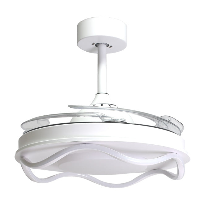 Ventilador de techo BELAIR ANTEA F-1027 blanco, 108cm, 6 velocidades, luz LED 6480lm ajustable (3000K-6000K), aspas retráctiles, mando a distancia, Interlusa LUZGURÚ.
