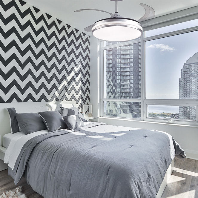 Detalles del Ventilador de Techo LED BELAIR Kepler F-1028 SL Plata de Interlusa: 108cm, 7200 lm, 72W, 4 Aspas Retráctiles, Motor DC Silencioso, Mando a Distancia, 3000/4000/6000K.  Luzgurú.
