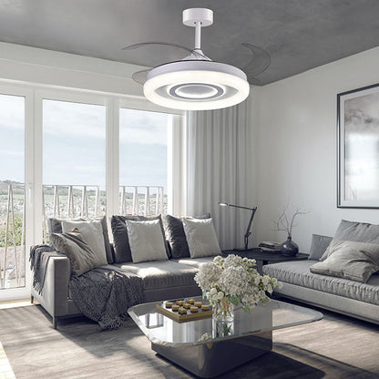 Ventilador de techo BELAIR Amaltea F-1032 blanco, detalles. 108cm, 4 aspas retráctiles, luz LED 116W (3000-4000-6500K), mando a distancia, Interlusa LUZGURÚ.
