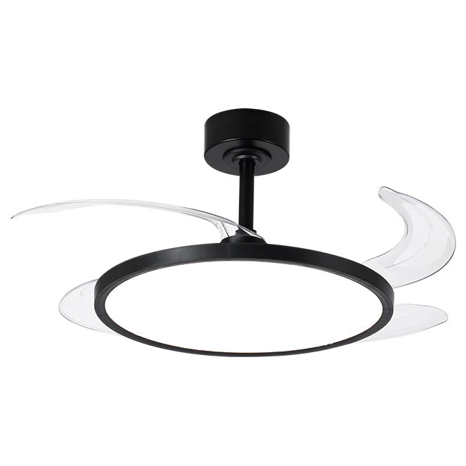 Detalles del Ventilador de Techo LED BELAIR SLIM F-1035 BK de Interlusa:  Diseño negro, 4 aspas retráctiles, 106cm, luz LED 72W (3000K/4000K/6000K), mando a distancia, funciones verano/invierno, temporizador, luz nocturna.  Compra en LUZGURÚ.
