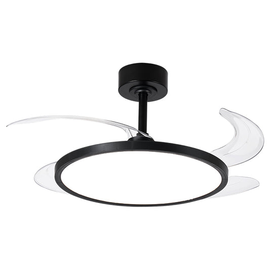 Detalles del Ventilador de Techo LED BELAIR SLIM F-1035 BK de Interlusa:  Diseño negro, 4 aspas retráctiles, 106cm, luz LED 72W (3000K/4000K/6000K), mando a distancia, funciones verano/invierno, temporizador, luz nocturna.  Compra en LUZGURÚ.
