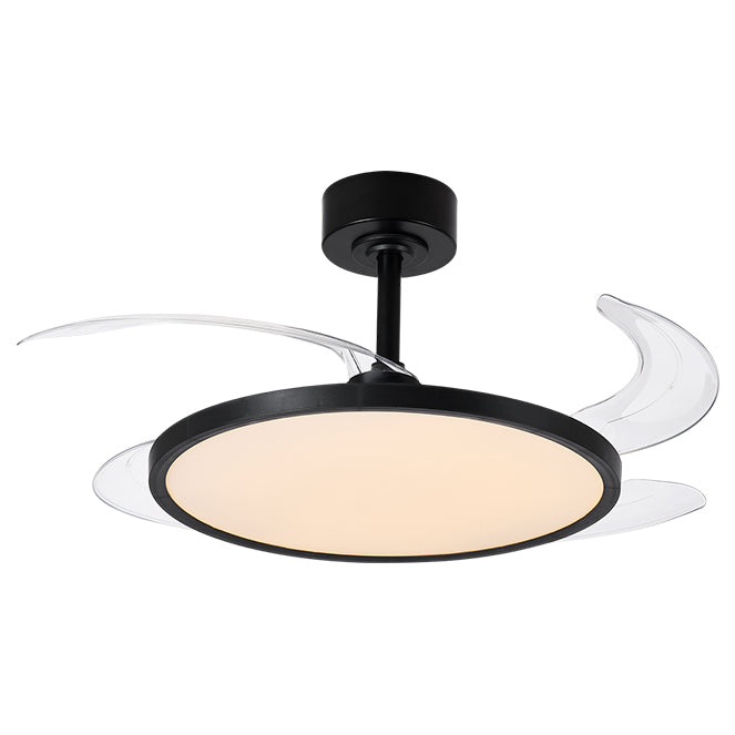 Detalles del Ventilador de Techo LED Belair Slim F-1035 BK de Interlusa: diseño negro, 4 aspas retráctiles, 72W LED (3000-6000K), 106cm, mando a distancia, modo verano/invierno, luz nocturna.  Luzgurú.
