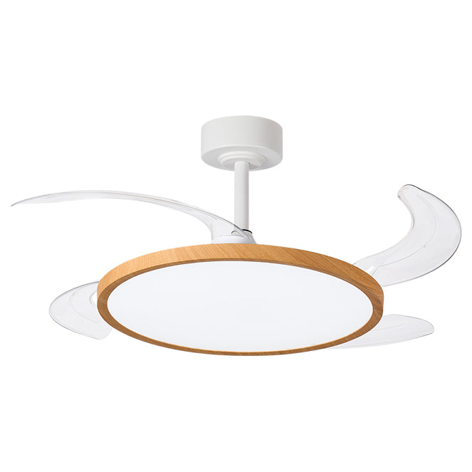 Detalles del Ventilador de Techo LED Belair Slim F-1035 WO de Interlusa.  Madera natural, 106cm, 4 aspas retráctiles, luz LED 72W (3000-6000K), mando a distancia, modos verano/invierno.  Colección Slim de LuzGurú.
