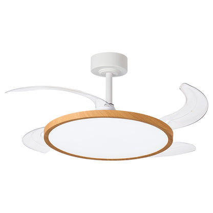 Detalles del Ventilador de Techo LED Belair Slim F-1035 WO de Interlusa.  Madera natural, 106cm, 4 aspas retráctiles, luz LED 72W (3000-6000K), mando a distancia, modos verano/invierno.  Colección Slim de LuzGurú.
