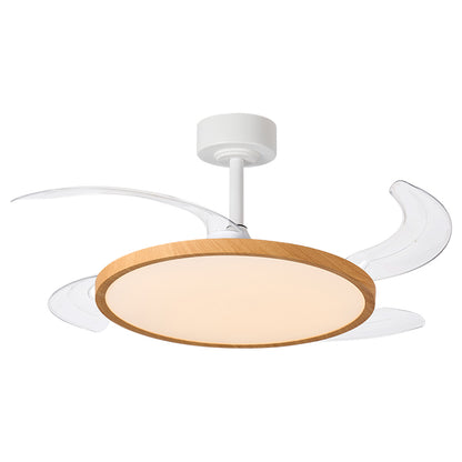 Detalles del Ventilador de Techo LED Belair Slim F-1035 WO de Interlusa.  Madera natural, 106cm, 4 aspas retráctiles, luz LED 72W (3000-6000K), mando a distancia, modos verano/invierno.  Colección Slim de LuzGurú.

