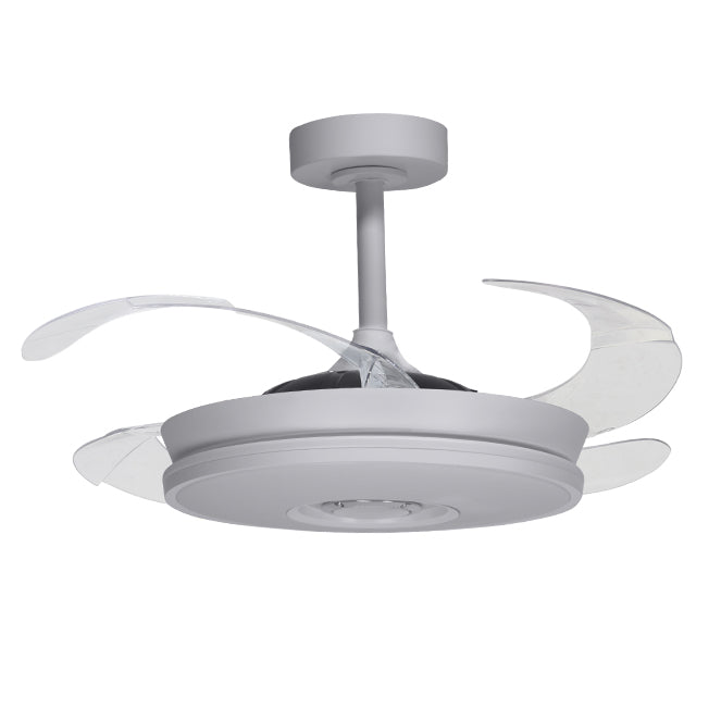 Ventilador fabricado en metal color blanco con aspas acrílicas transparentes