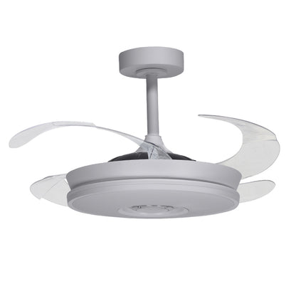 Ventilador fabricado en metal color blanco con aspas acrílicas transparentes