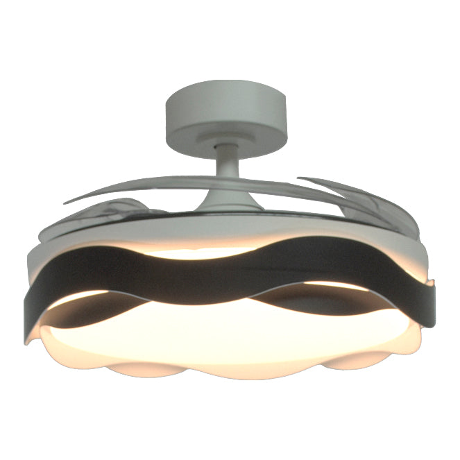 Detalles del Ventilador de Techo LED Belair Ondas F-1039 BK de Interlusa: 4 aspas retráctiles, 72W, 6480 lm, 3000-6000K, mando a distancia, 108cm, blanco/negro.  Luzgurú.
