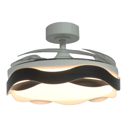 Detalles del Ventilador de Techo LED Belair Ondas F-1039 BK de Interlusa: 4 aspas retráctiles, 72W, 6480 lm, 3000-6000K, mando a distancia, 108cm, blanco/negro.  Luzgurú.
