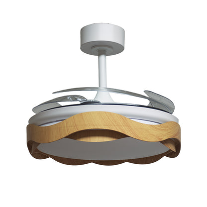Ventilador ONDAS fabricado en metal blanco y aspas de acrílico color madera natural.