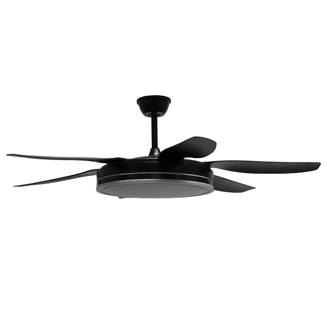 Detalles del Ventilador de Techo BELAIR ORION F-1040 BK Negro de Interlusa, 132cm, 6 Aspas, 72W LED, LuzGURÚ.  Muestra el diseño, acabados y características del ventilador con luz integrado.
