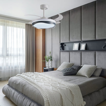 Detalles del Ventilador de Techo LED Belair Almati F-1045 SL de Interlusa: 108cm, 6480lm, 3000-6000K, 72W, 4 Aspas Retráctiles, Blanco/Plata, mando a distancia incluido.  Luzgurú.
