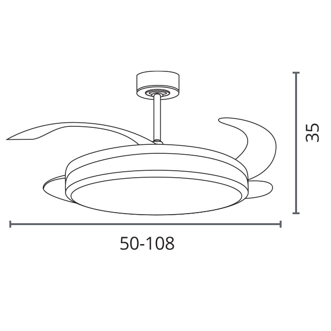 Detalles del Ventilador de Techo LED Belair Riga F-1046 WH de Interlusa: 108cm, 6 velocidades, luz ajustable 3000K/4000K/6000K, 4 aspas retráctiles, mando a distancia incluido.  Luzgurú.
