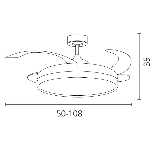 Detalles del Ventilador de Techo LED BELAIR AKRAN F-1047 WH de Interlusa:  Diseño blanco, 4 aspas retráctiles, 108cm de diámetro, luz LED 72W (3000-6000K), 6 velocidades, mando a distancia incluido.  LUZGURÚ.
