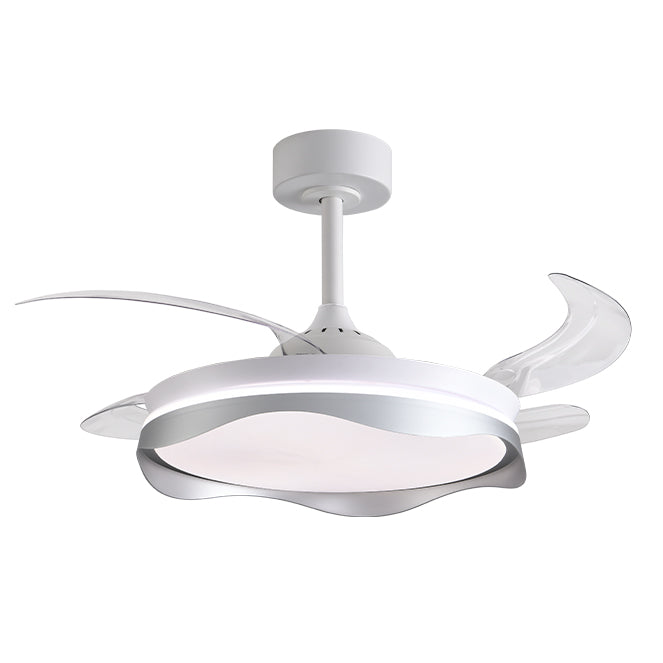 Ventilador DC OLAS blanco, 4 aspas retráctiles, 72W LED 3000|4000|6000K, Al.35xD.108/50cm - Blanco/plata | Interlusa · Ref. F-1049 SL