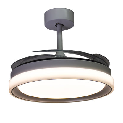 Detalles del Ventilador de Techo LED BELAIR KIGALI F-3001 SL de Interlusa: 108cm, 6480lm, 6 velocidades, 4 aspas retráctiles, blanco/plata, luz LED 72W (3000K/4000K/6000K), mando a distancia incluido.  Luzgurú.
