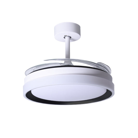 Ventilador de techo BELAIR KIGALI MINI F-3002 BK blanco/negro, 91cm, 4 aspas retráctiles, luz LED 48W 4800lm (3000/4000/6000K), mando a distancia, modos verano/invierno, Interlusa LuzGurú.
