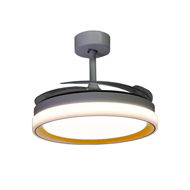 Detalles del Ventilador de Techo LED BELAIR KIGALI MINI (F-3002 GL) de Interlusa: 4 aspas retráctiles, acabado blanco/oro, 48W LED, mando a distancia, modos verano/invierno, 91cm diámetro.  Luzgurú.
