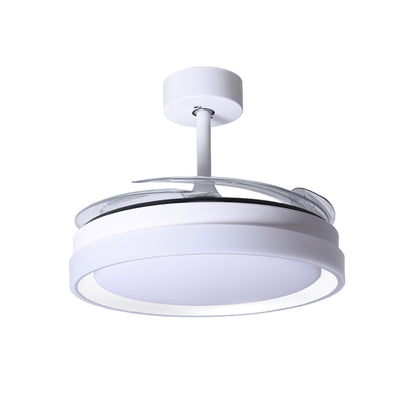 Detalles del Ventilador de Techo LED BELAIR KIGALI MINI (F-3002 WH) de Interlusa: 48W, luz ajustable 3000-6000K, 91cm diámetro, blanco/blanco, 4 aspas retráctiles, mando a distancia, modos verano/invierno.  Luzgurú.
