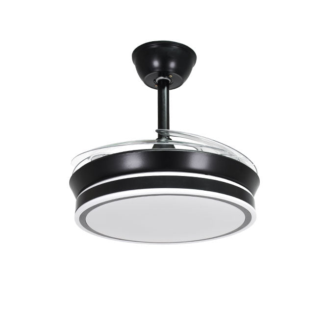 Detalles del Ventilador de Techo con Luz BELAIR ASGARD MINI (Ref: F1006-40) - Interlusa LUZGURÚ:  Diseño negro, 4 aspas retráctiles, 48W LED (3000-6000K), 91cm diámetro, mando a distancia, modos verano/invierno.
