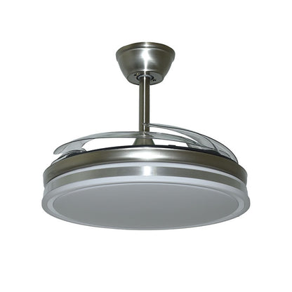 Detalles del Ventilador de Techo LED Belair Asgard F1018 de Interlusa:  Aspas retráctiles, motor DC silencioso, luz LED regulable 72W (3000K-6000K), 108cm diámetro, niquel, mando a distancia,  Luzgurú.
