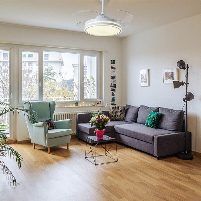 Detalles del Ventilador de Techo LED Belair Asgard Maxi F2006 de Interlusa: 120cm, 72W, 6480lm, Negro, 4 Aspas Retráctiles, Control Remoto, Luz Regulable 3000-6000K.  Luzgurú.
