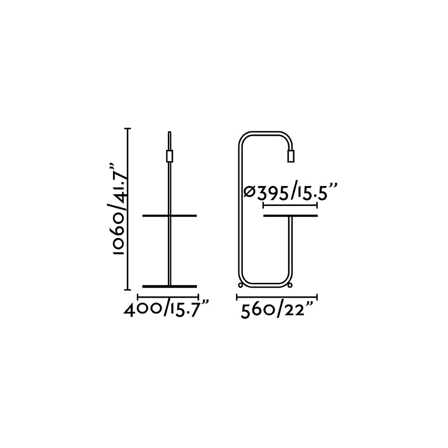 Diagrama de medidas de la lámpara de pie GUEST negro de FARO modelo 01046, luminaria superficie moderna de acero multifuncional para salón interior