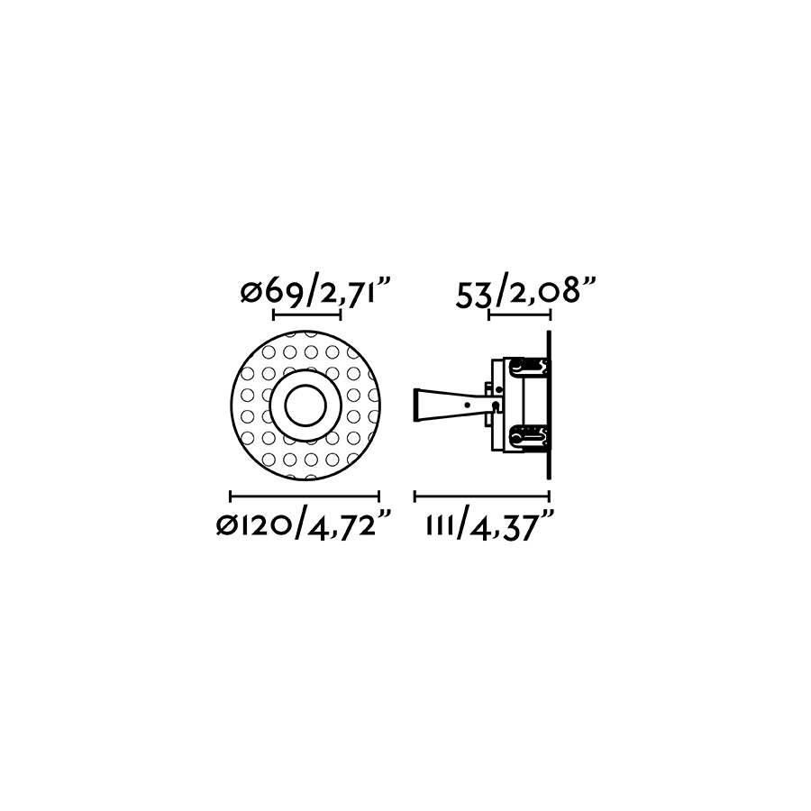 Diagrama de medidas de la Luminaria Empotrable FRESH Negra sin Marco FARO 02100702, dimensiones en mm para instalación en techo interior con GU10 LED, aluminio negro mate.