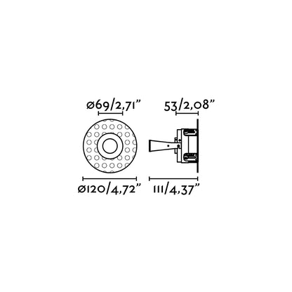 Diagrama de medidas de la Luminaria Empotrable FRESH Negra sin Marco FARO 02100702, dimensiones en mm para instalación en techo interior con GU10 LED, aluminio negro mate.