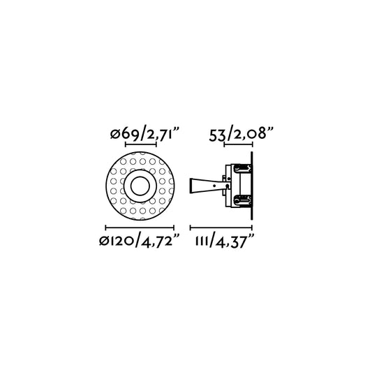 Diagrama de medidas de la Luminaria Empotrable FRESH Negra sin Marco FARO 02100702, dimensiones en mm para instalación en techo interior con GU10 LED, aluminio negro mate.