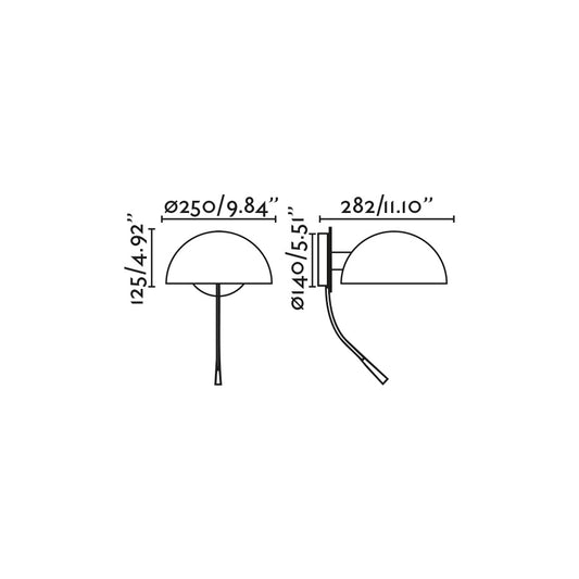 Diagrama de medidas y dimensiones del aplique de pared DOMINICA negro con lector FARO 20032-123, luminaria industrial LED de acero para interior y lectura