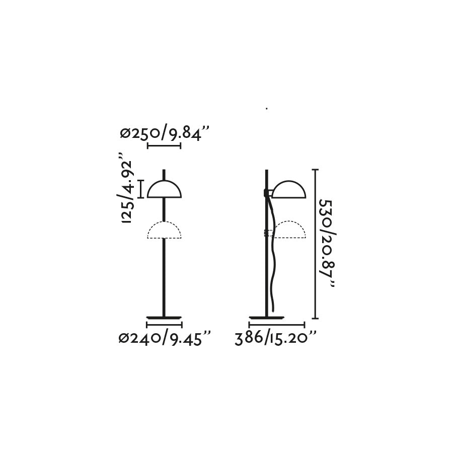 Diagrama de medidas de la lámpara sobremesa Dominica negra de Faro, modelo 20033-123, diseño industrial moderno en acero para iluminación LED interior.