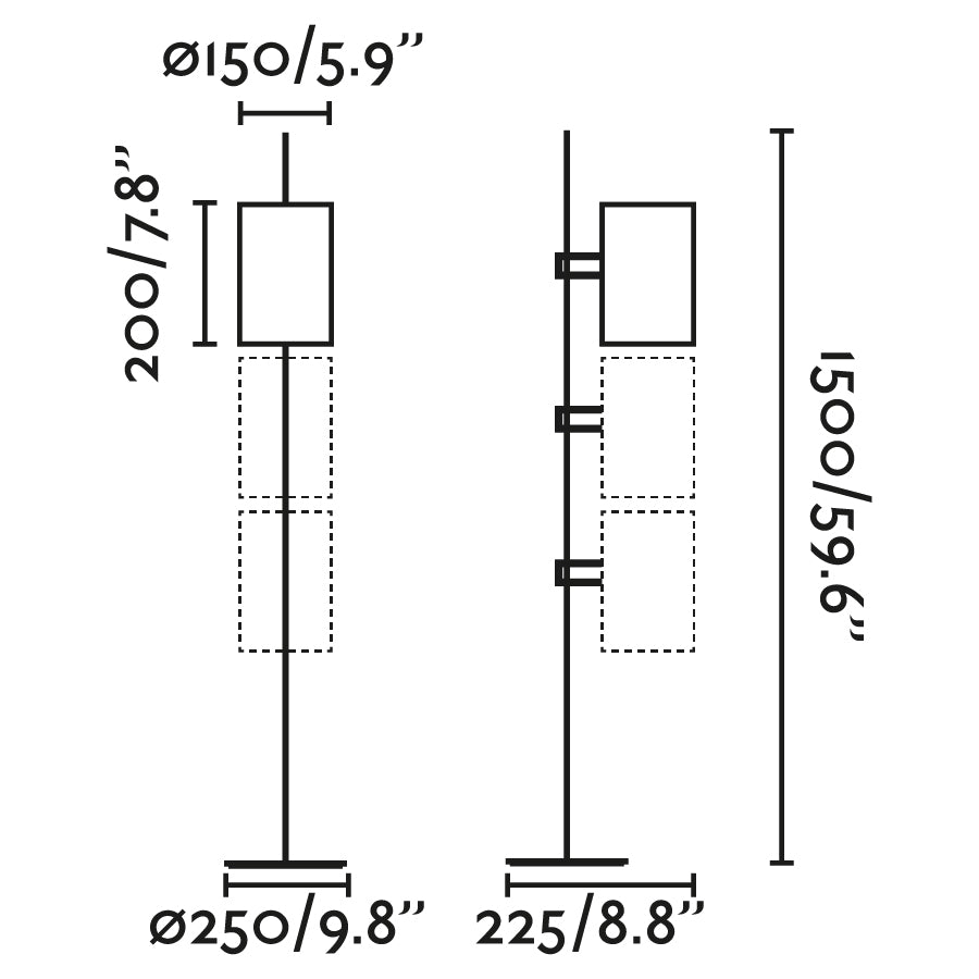 Diagrama de medidas de la lámpara de pie Guadalupe negra y verde Faro 20034-81, diseño contemporáneo en acero para iluminación indirecta interior en suelo.