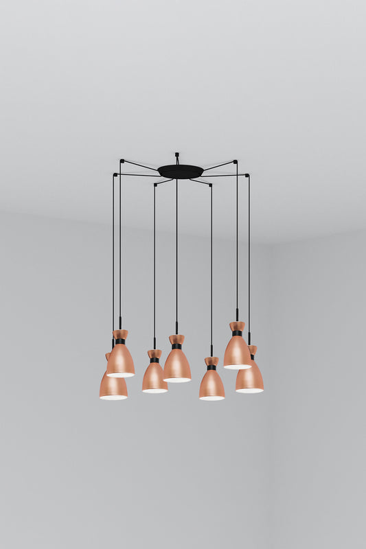 Lámpara colgante retro 7L FARO 20046-7L en cobre mate, diseño vintage serie 2635 con LED E14, en ambiente interior de hogar iluminado