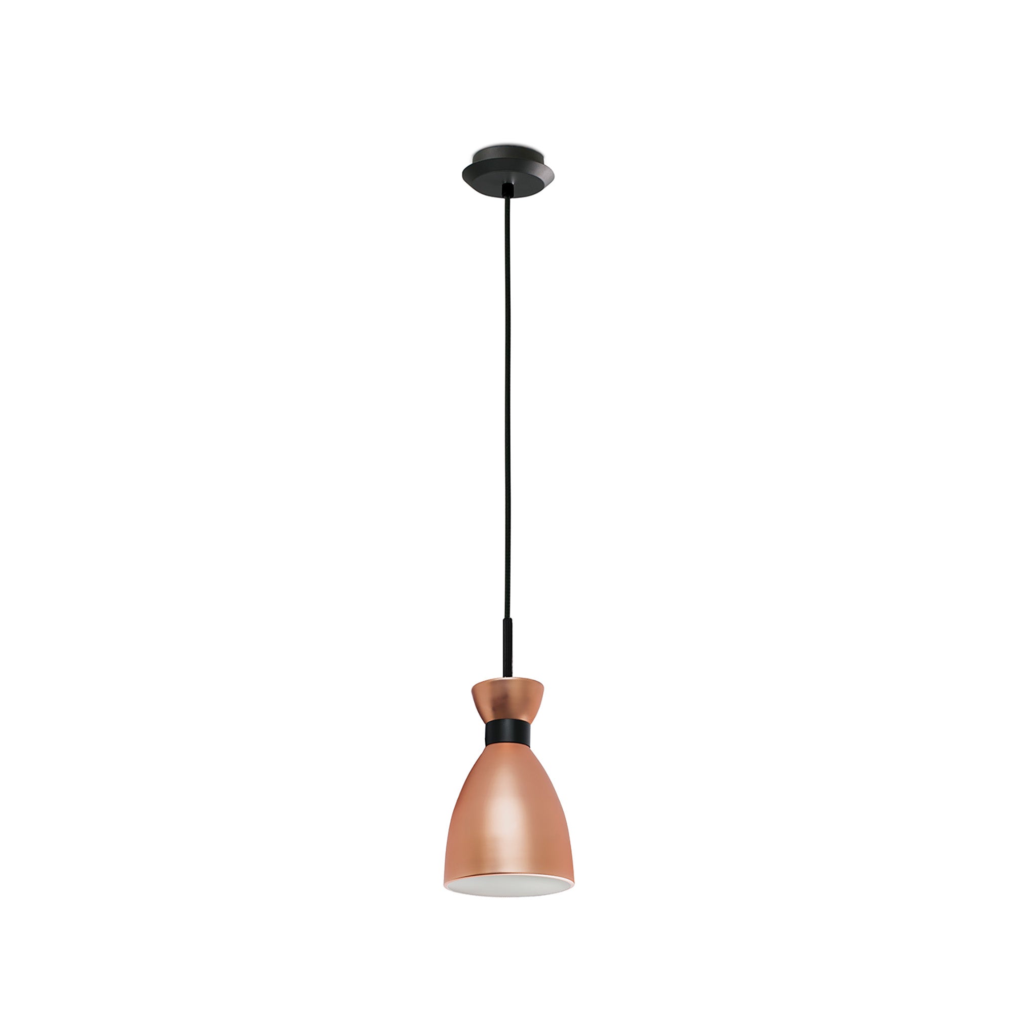 Luminaria colgante retro Faro en cobre mate, modelo 20046, diseño Lluscà para iluminación interior residencial con bombilla LED E14, estilo suspensión vintage