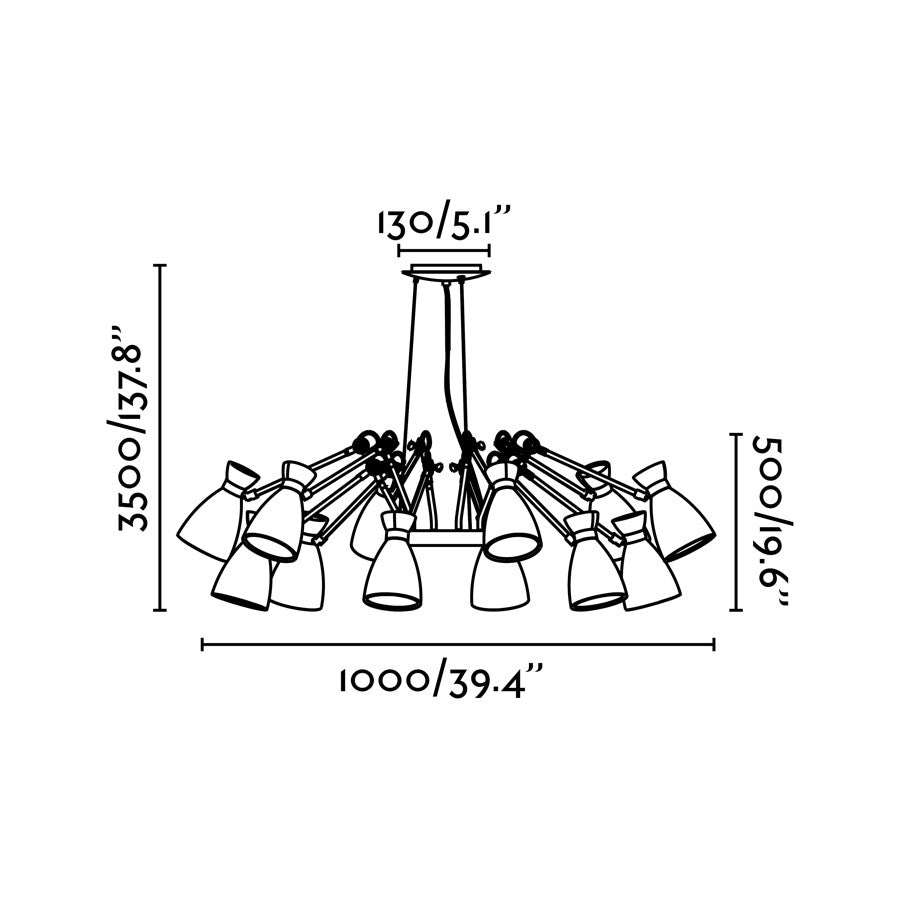 Diagrama de medidas Luminaria Colgante RETRO 12L Negro Mate y Cobre FARO 20048 - Iluminación Vintage de Acero para Hogar Interior Suspensión